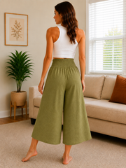Italian Smocked Waist Culottes Trousers - Lime Green