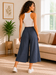 Italian Smocked Waist Culottes Trousers - Navy