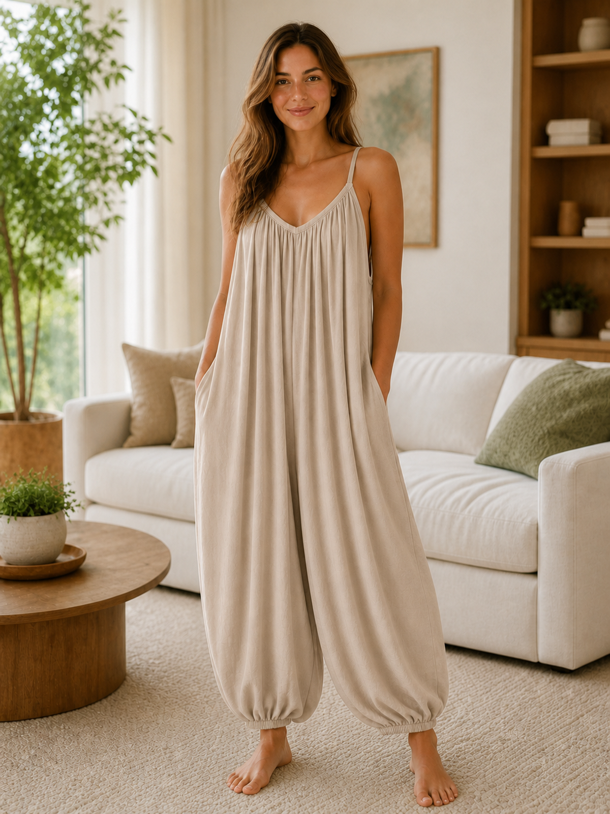 Italian Strappy Harem Style Jumpsuit With Side Pockets - Beige