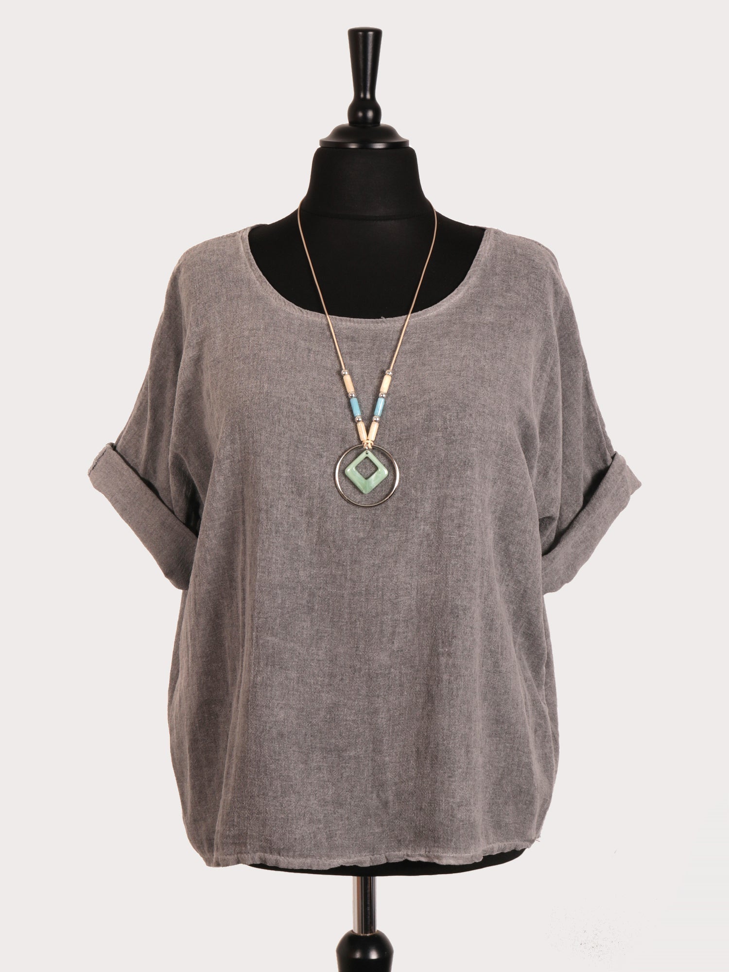 Italian Vintage Dye Linen Blend Top with Necklace - Grey
