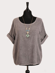 Italian Vintage Dye Linen Blend Top with Necklace - Grey