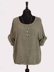 Italian Vintage Dye Linen Blend Top with Necklace - Army Green