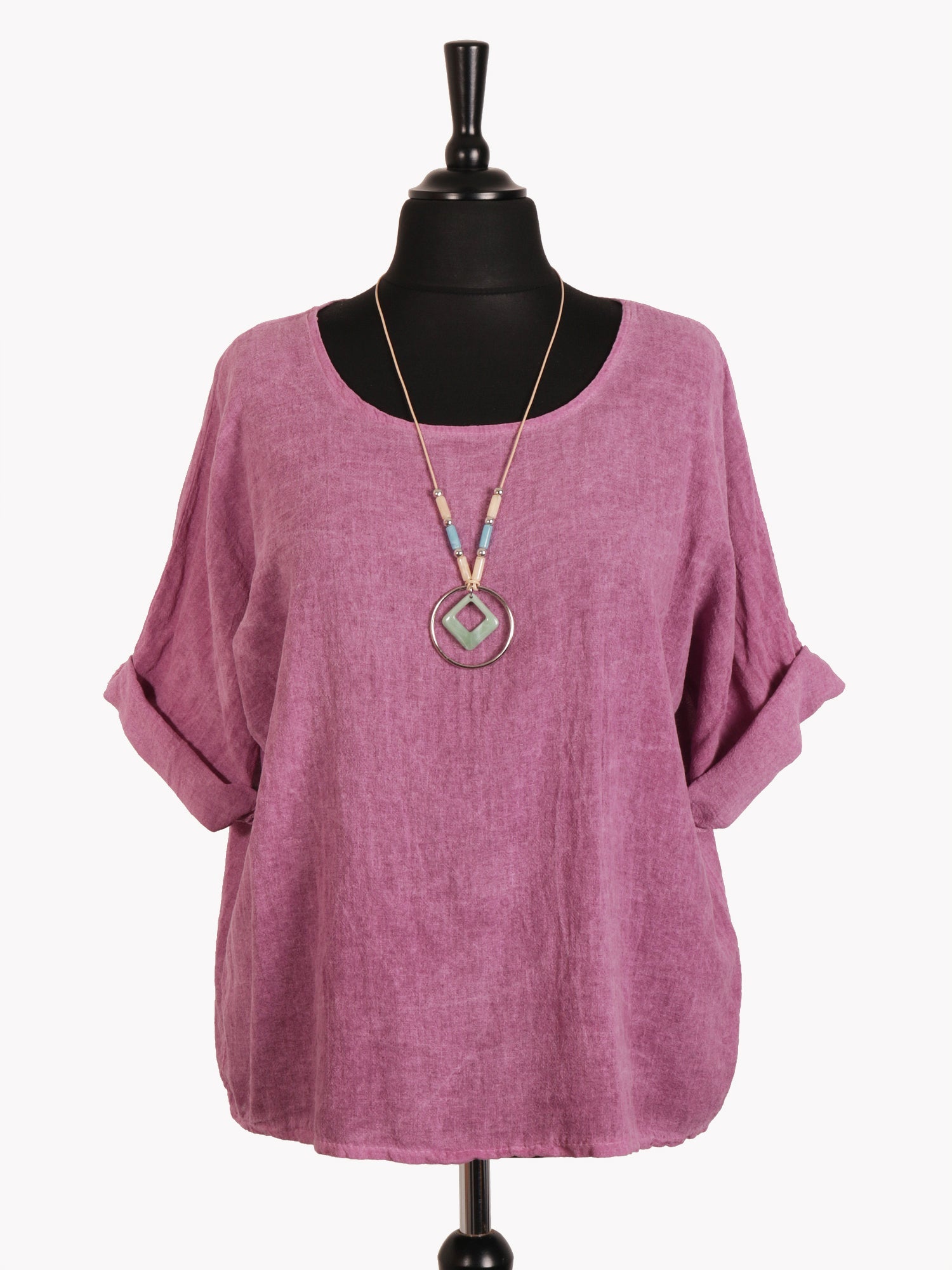 Italian Vintage Dye Linen Blend Top with Necklace - Lilac