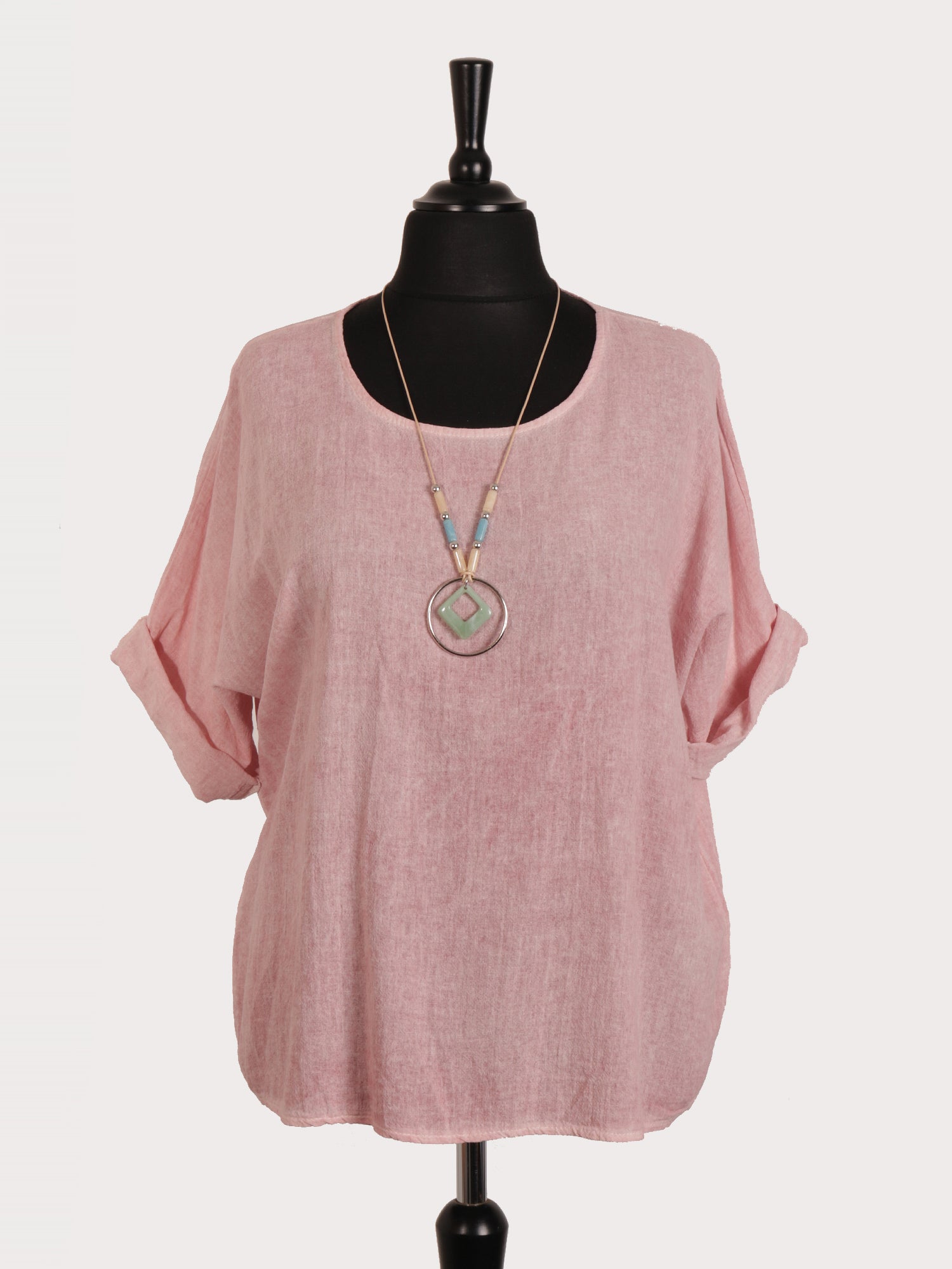 Italian Vintage Dye Linen Blend Top with Necklace - Baby Pink
