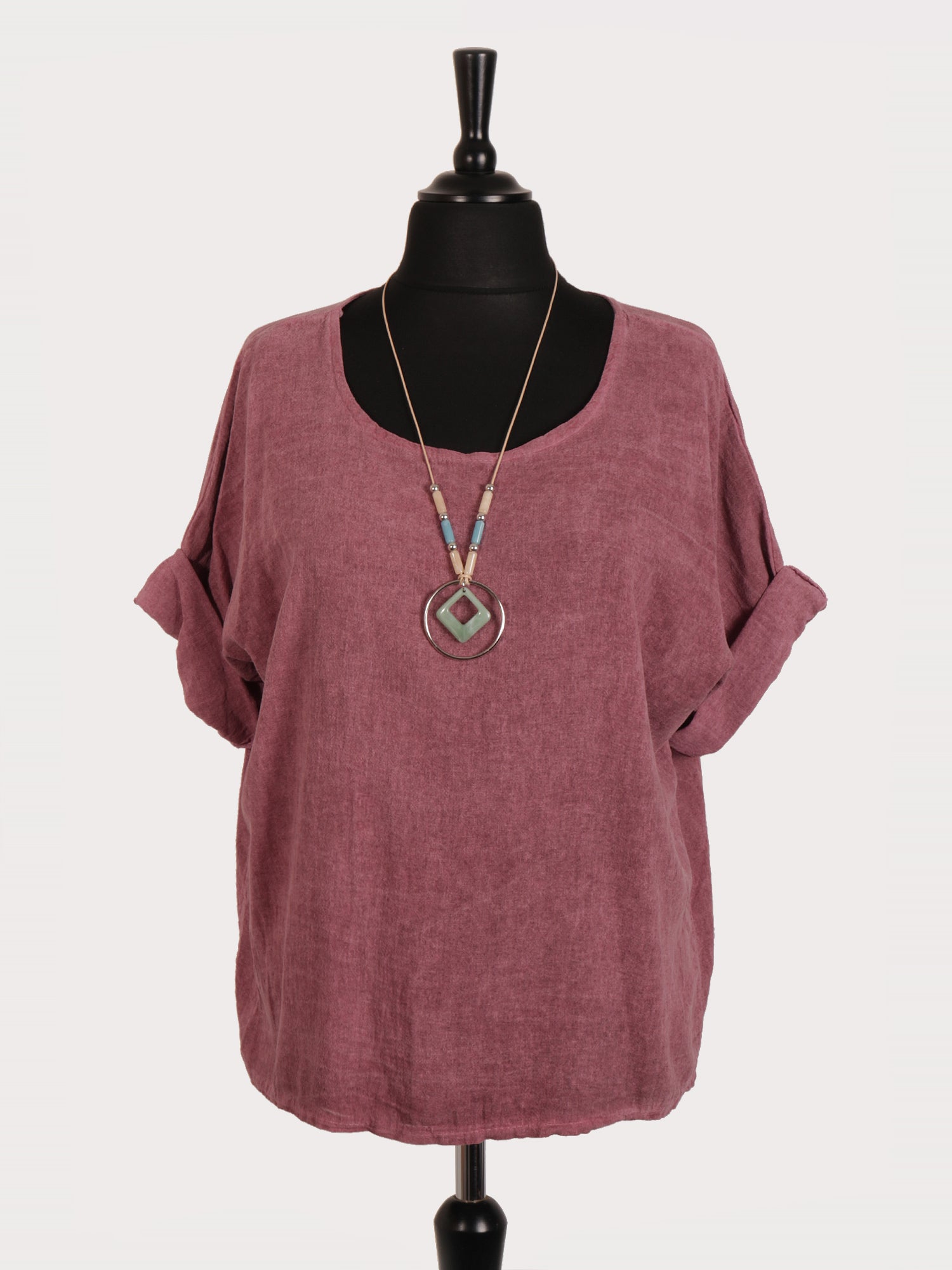 Italian Vintage Dye Linen Blend Top with Necklace - Plum