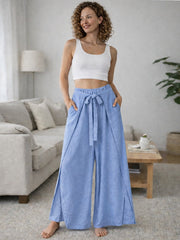 Italian Wrap Front & Split Hem Wide Leg Trousers With Tie Waist - Light Denim