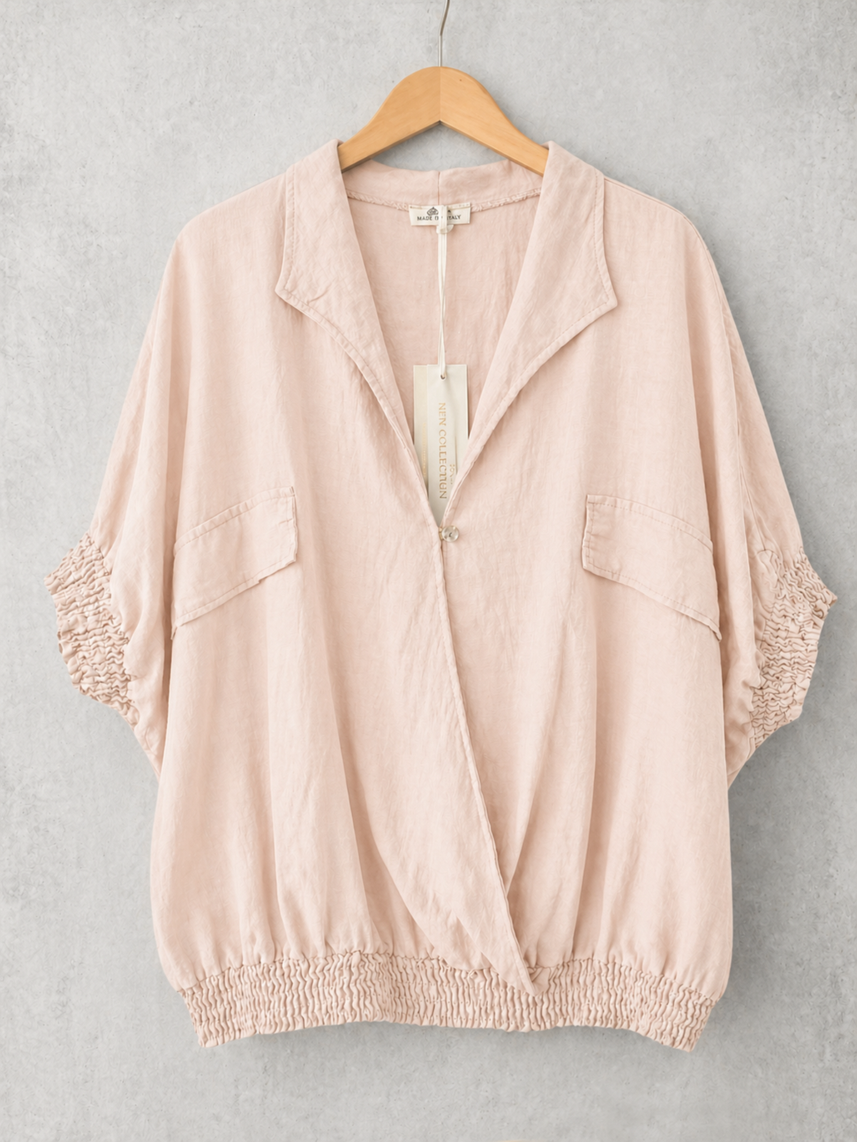 Made In Italy Wrap-front Flowy Cropped Batwing Top With Elastic Hem - Baby Pink