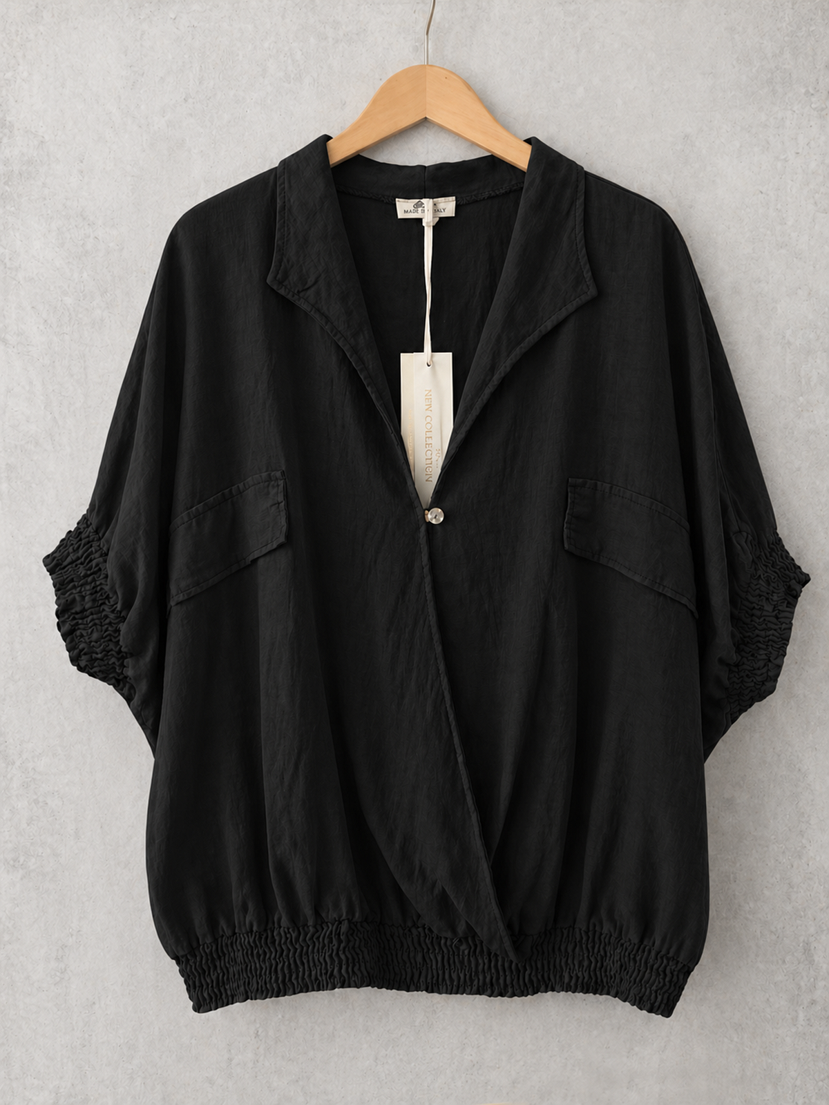 Made In Italy Wrap-front Flowy Cropped Batwing Top With Elastic Hem - Black