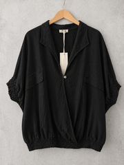 Made In Italy Wrap-front Flowy Cropped Batwing Top With Elastic Hem - Black