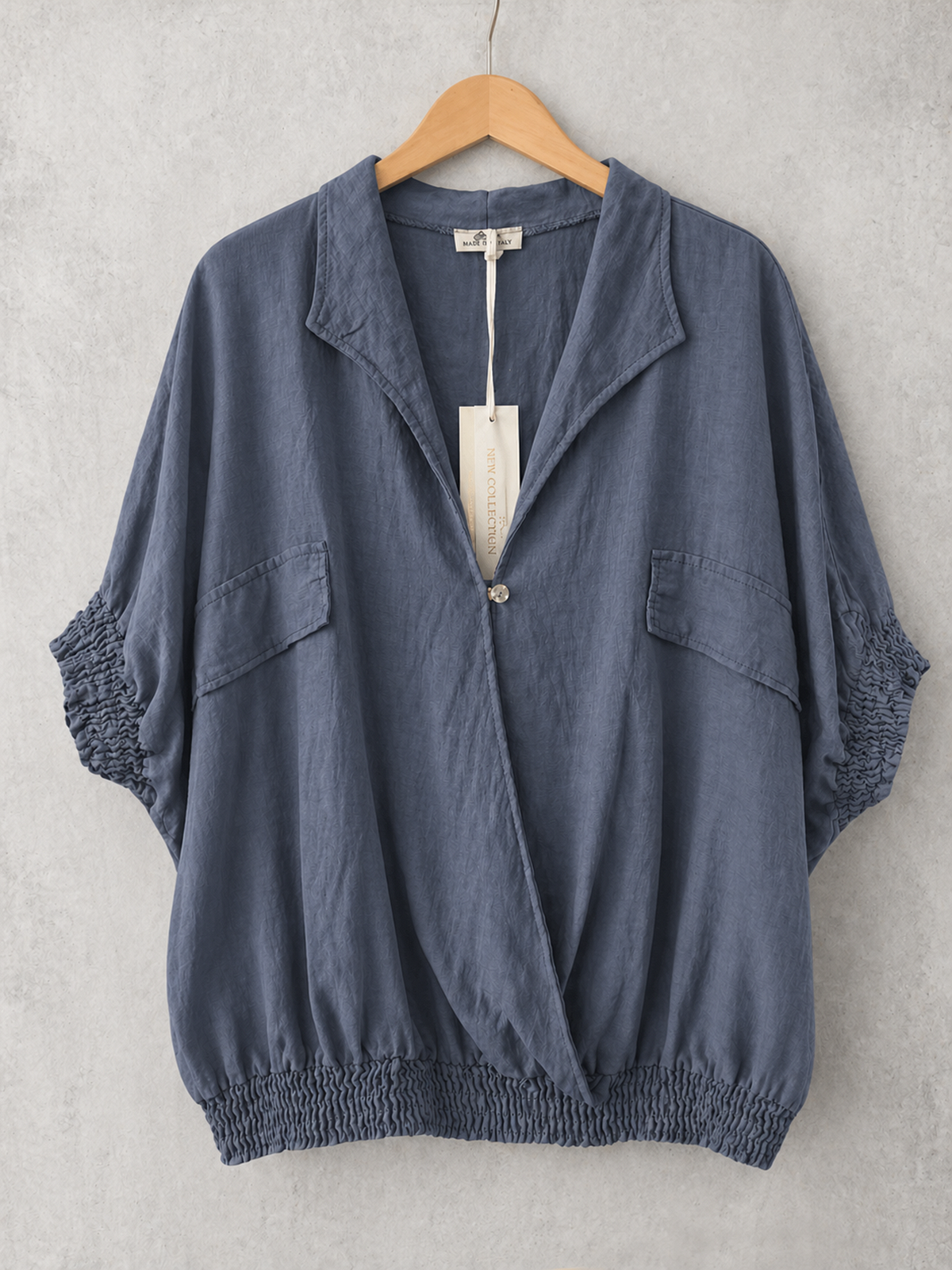 Made In Italy Wrap-front Flowy Cropped Batwing Top With Elastic Hem - Denim