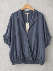 Made In Italy Wrap-front Flowy Cropped Batwing Top With Elastic Hem - Denim