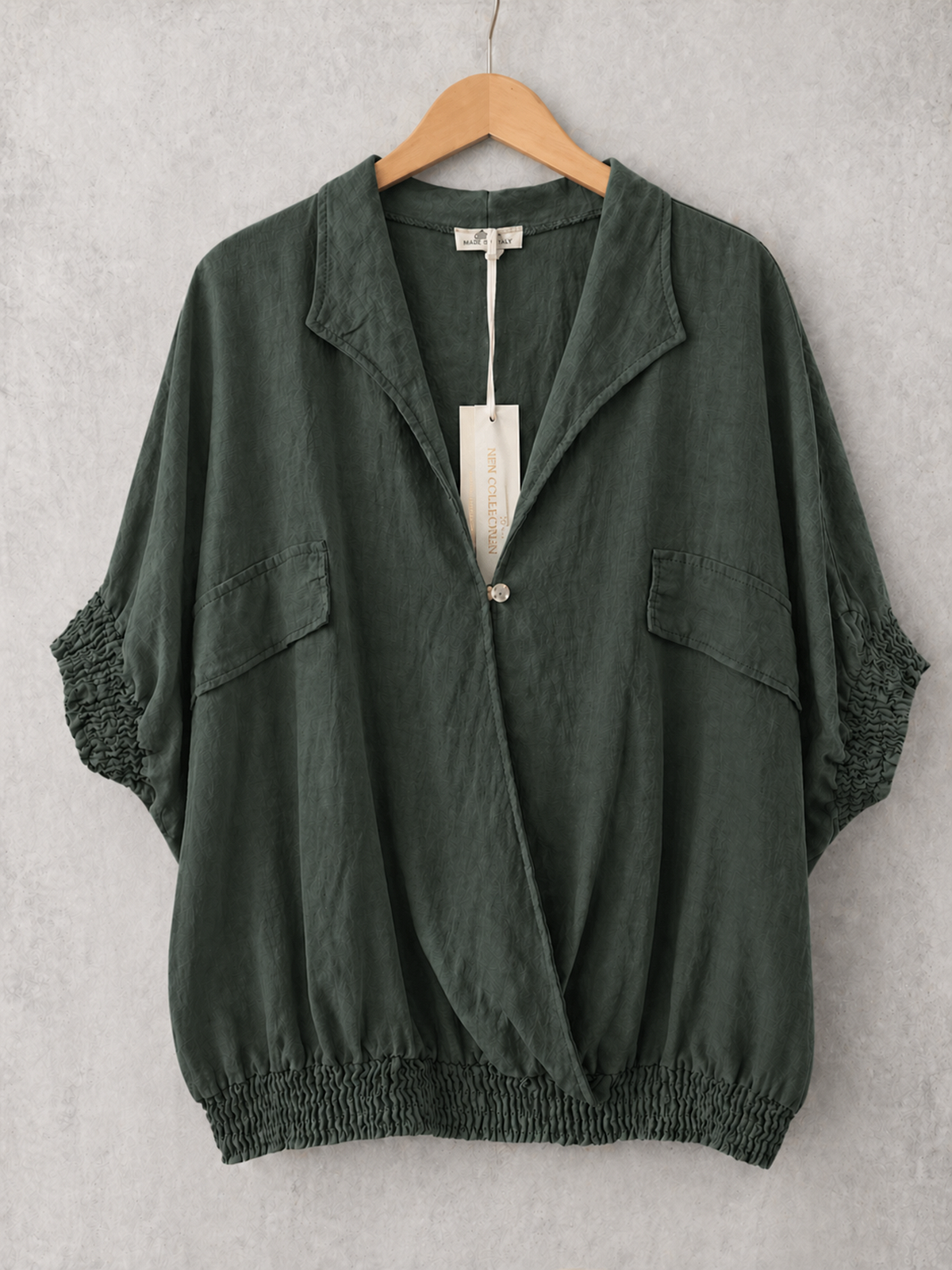 Made In Italy Wrap-front Flowy Cropped Batwing Top With Elastic Hem - Hunter Green