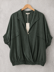 Made In Italy Wrap-front Flowy Cropped Batwing Top With Elastic Hem - Hunter Green