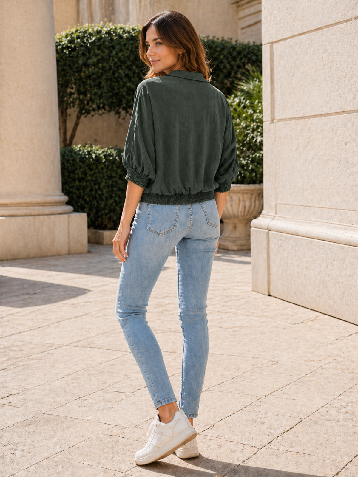 Made In Italy Wrap-front Flowy Cropped Batwing Top With Elastic Hem - Hunter Green