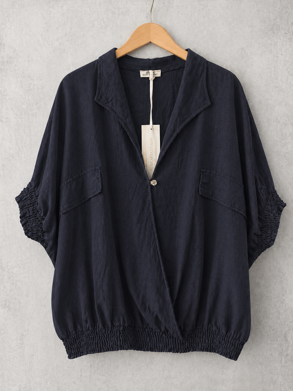 Made In Italy Wrap-front Flowy Cropped Batwing Top With Elastic Hem - Navy