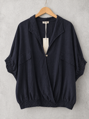 Made In Italy Wrap-front Flowy Cropped Batwing Top With Elastic Hem - Navy