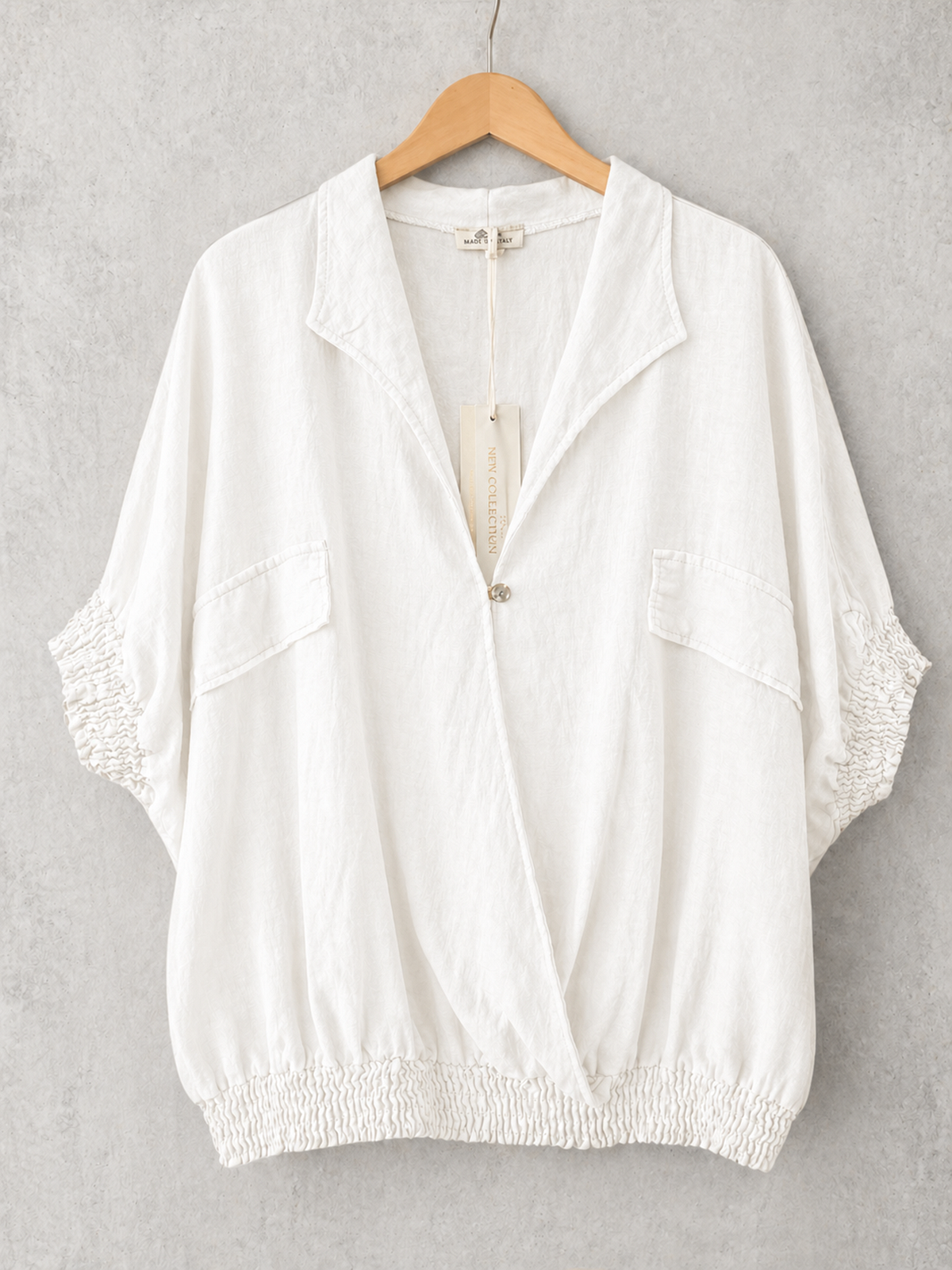 Made In Italy Wrap-front Flowy Cropped Batwing Top With Elastic Hem - White