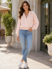 Made In Italy Wrap-front Flowy Cropped Top With Elastic Hem - Baby Pink