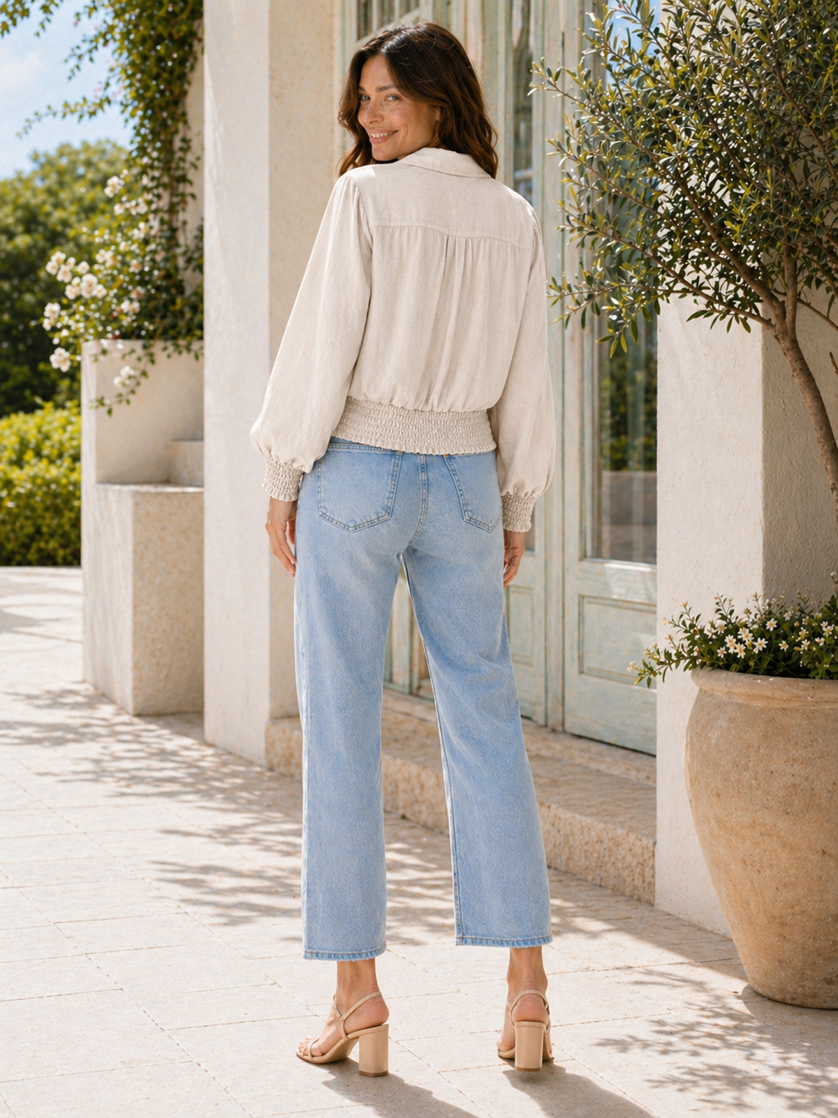 Made In Italy Wrap-front Flowy Cropped Top With Elastic Hem - Beige