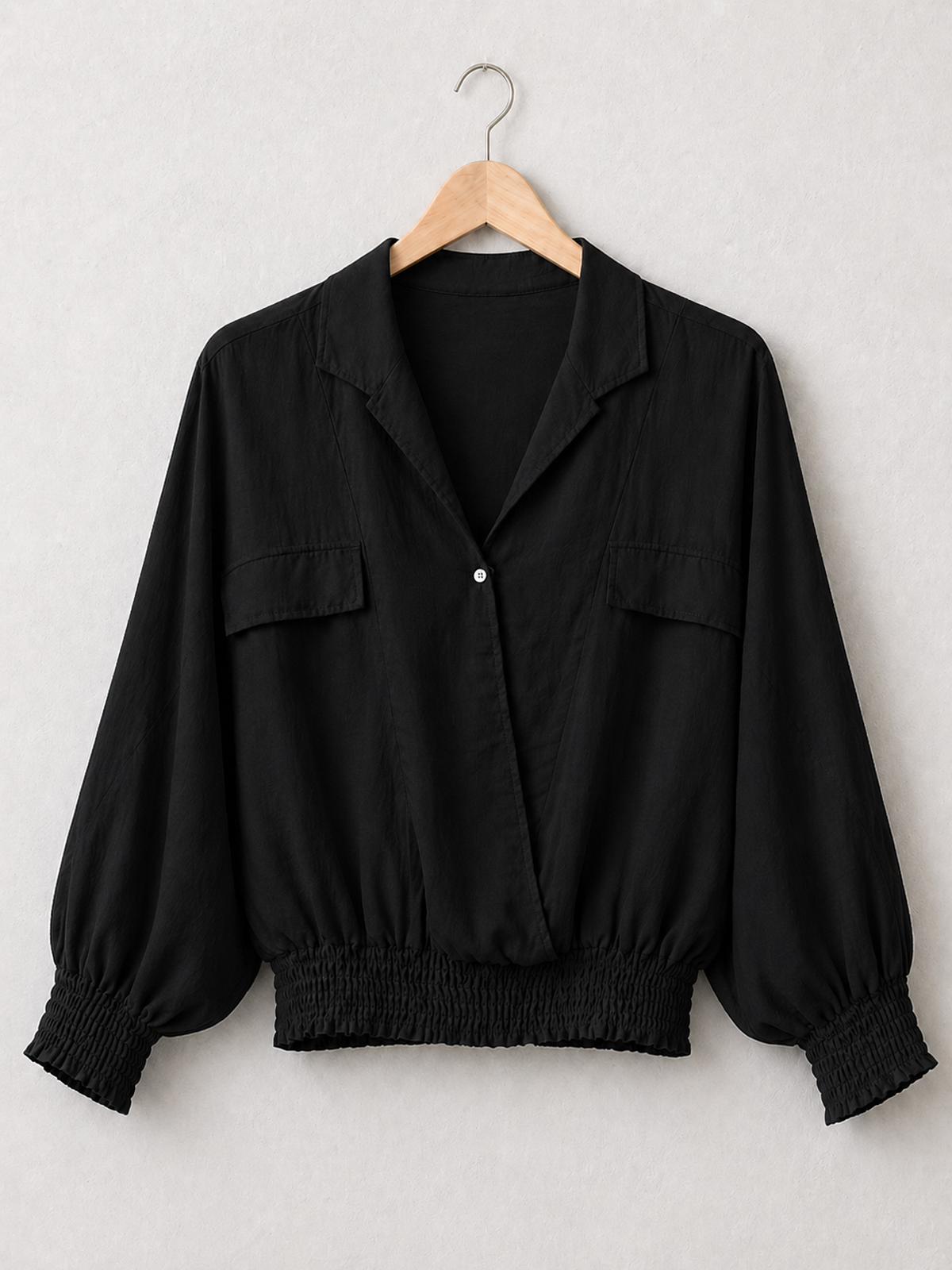 Made In Italy Wrap-front Flowy Cropped Top With Elastic Hem - Black