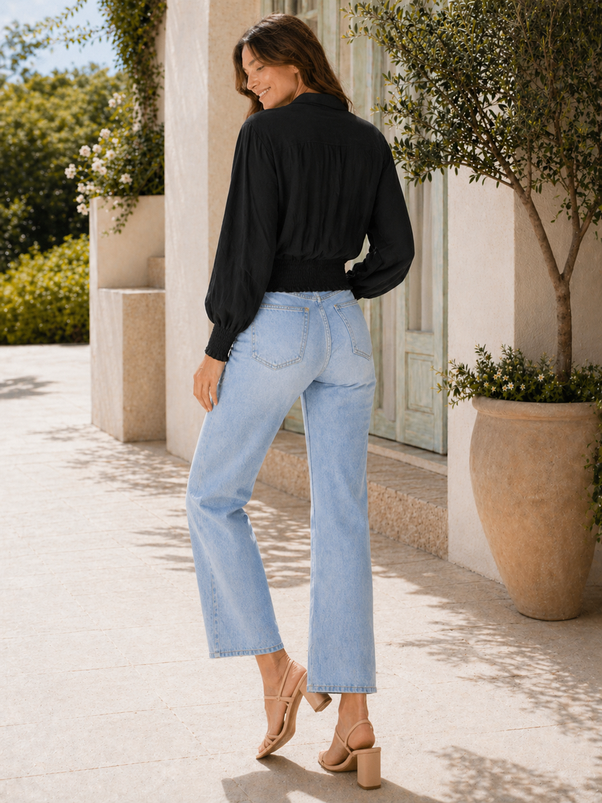 Made In Italy Wrap-front Flowy Cropped Top With Elastic Hem - Black