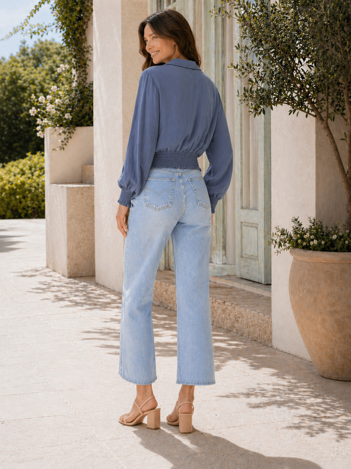 Made In Italy Wrap-front Flowy Cropped Top With Elastic Hem - Denim