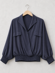 Made In Italy Wrap-front Flowy Cropped Top With Elastic Hem - Navy