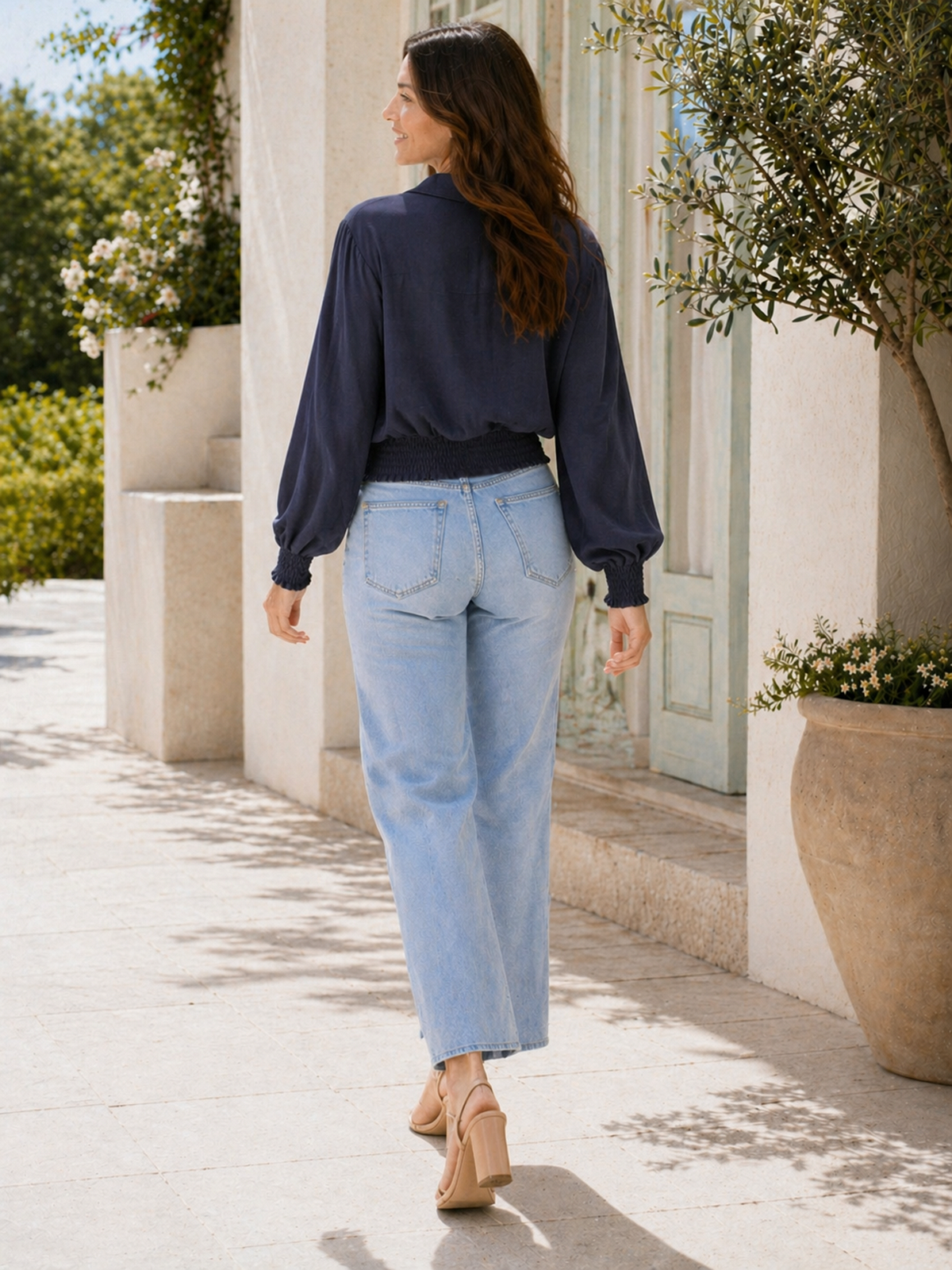 Made In Italy Wrap-front Flowy Cropped Top With Elastic Hem - Navy