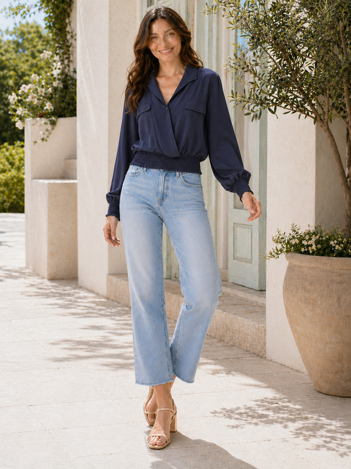 Made In Italy Wrap-front Flowy Cropped Top With Elastic Hem - Navy
