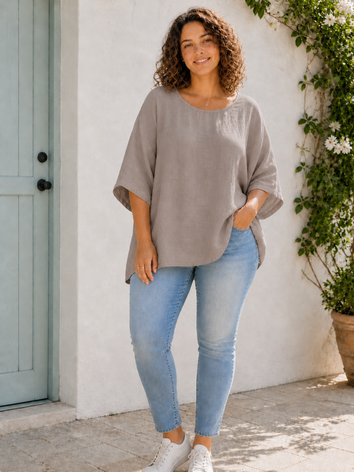 Plus Size Italian Ruched Detail Batwing Linen Top - Mocha