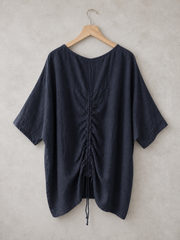 Plus Size Italian Ruched Detail Batwing Linen Top - Navy