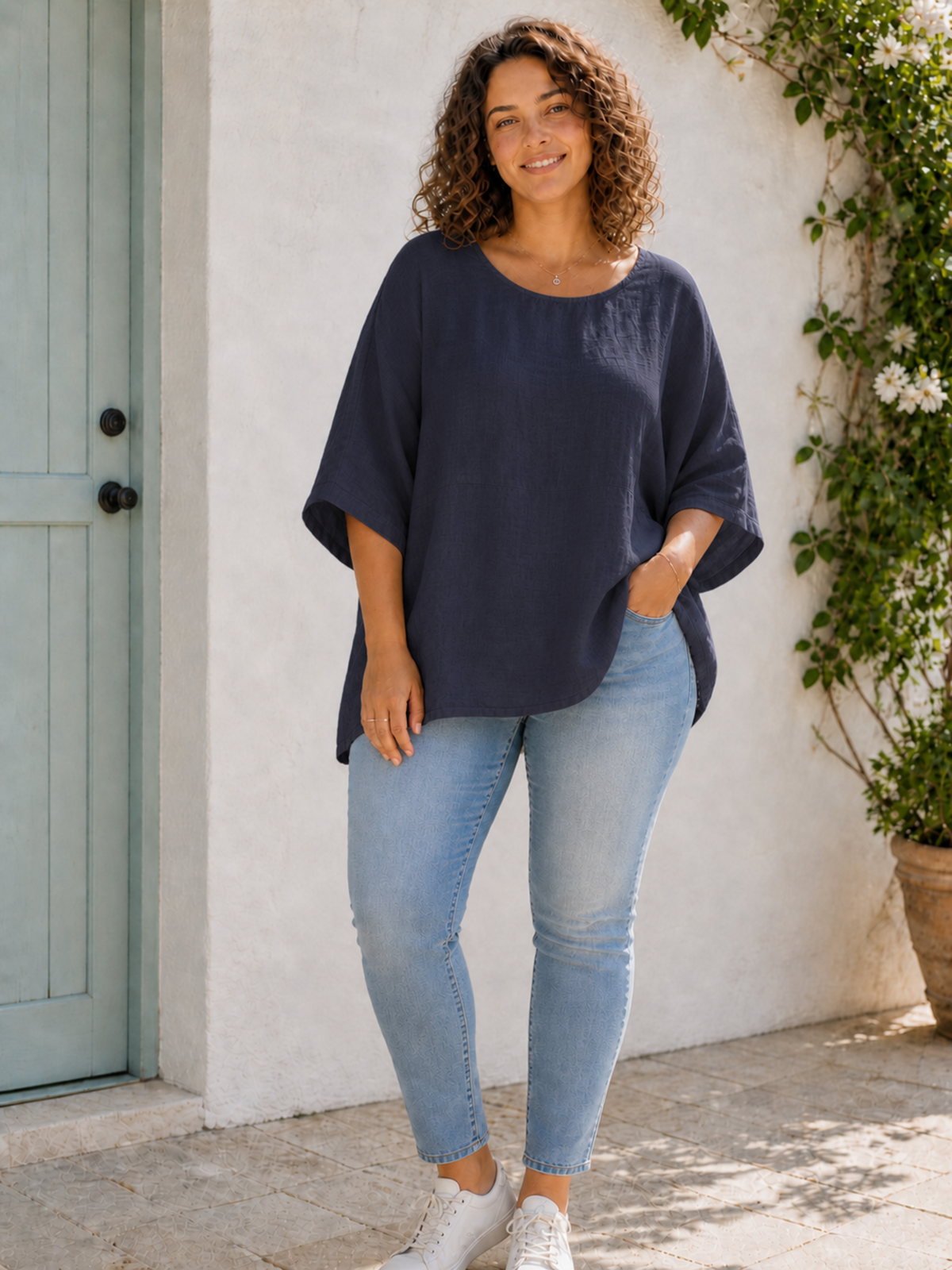 Plus Size Italian Ruched Detail Batwing Linen Top - Navy
