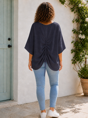 Plus Size Italian Ruched Detail Batwing Linen Top - Navy