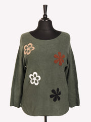 Italian Embossed Flower Soft Knit Jumper - Army Green