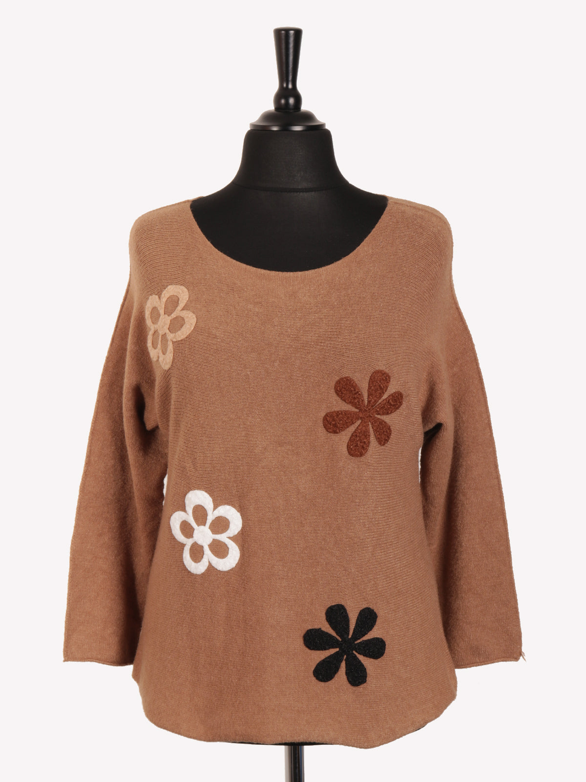 Italian Embossed Flower Soft Knit Jumper - Camel