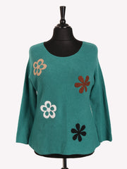 Italian Embossed Flower Soft Knit Jumper - Teal