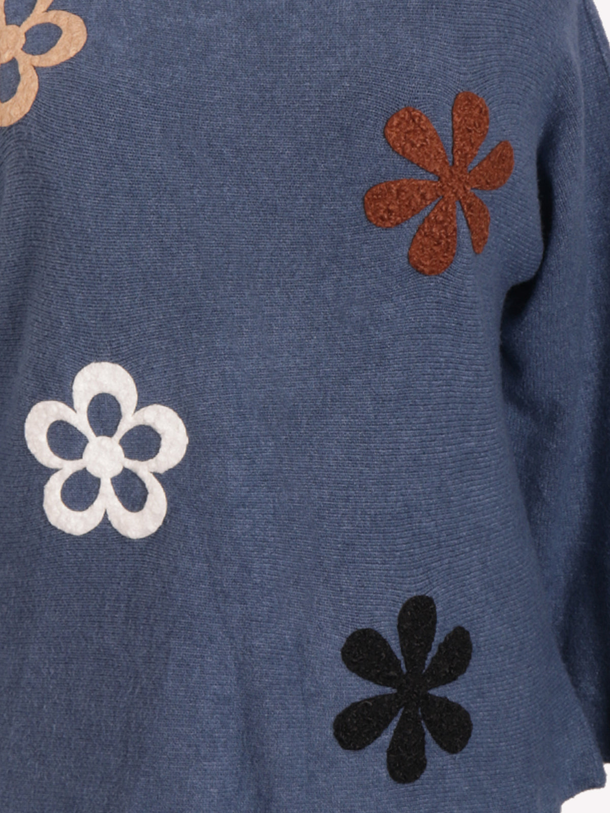 Italian Embossed Flower Soft Knit Jumper - Denim