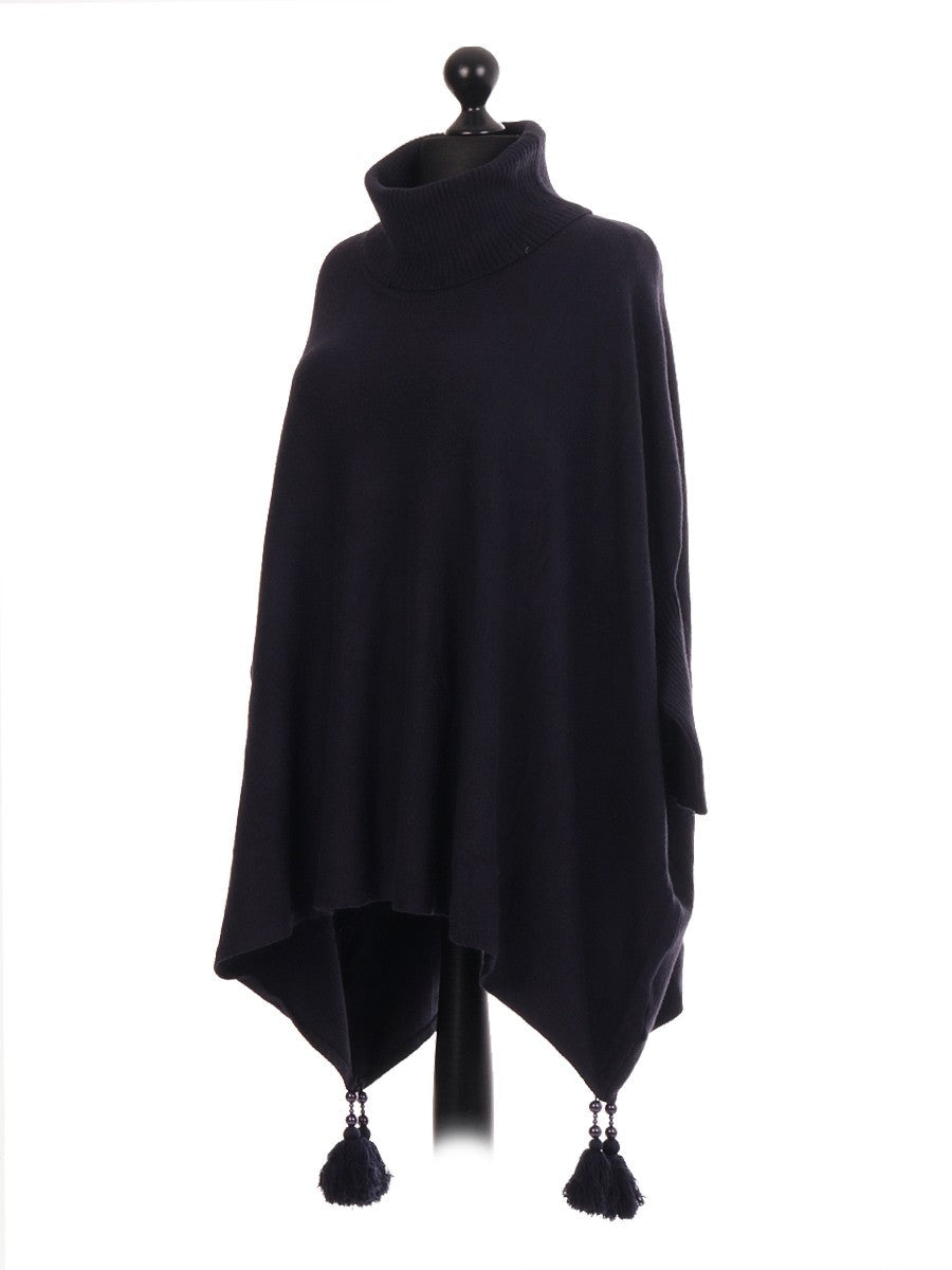 Italian Cowl Neck Batwing Tassels Poncho - Navy
