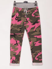 Italian Camouflage Print Cotton Trousers -  Cerise