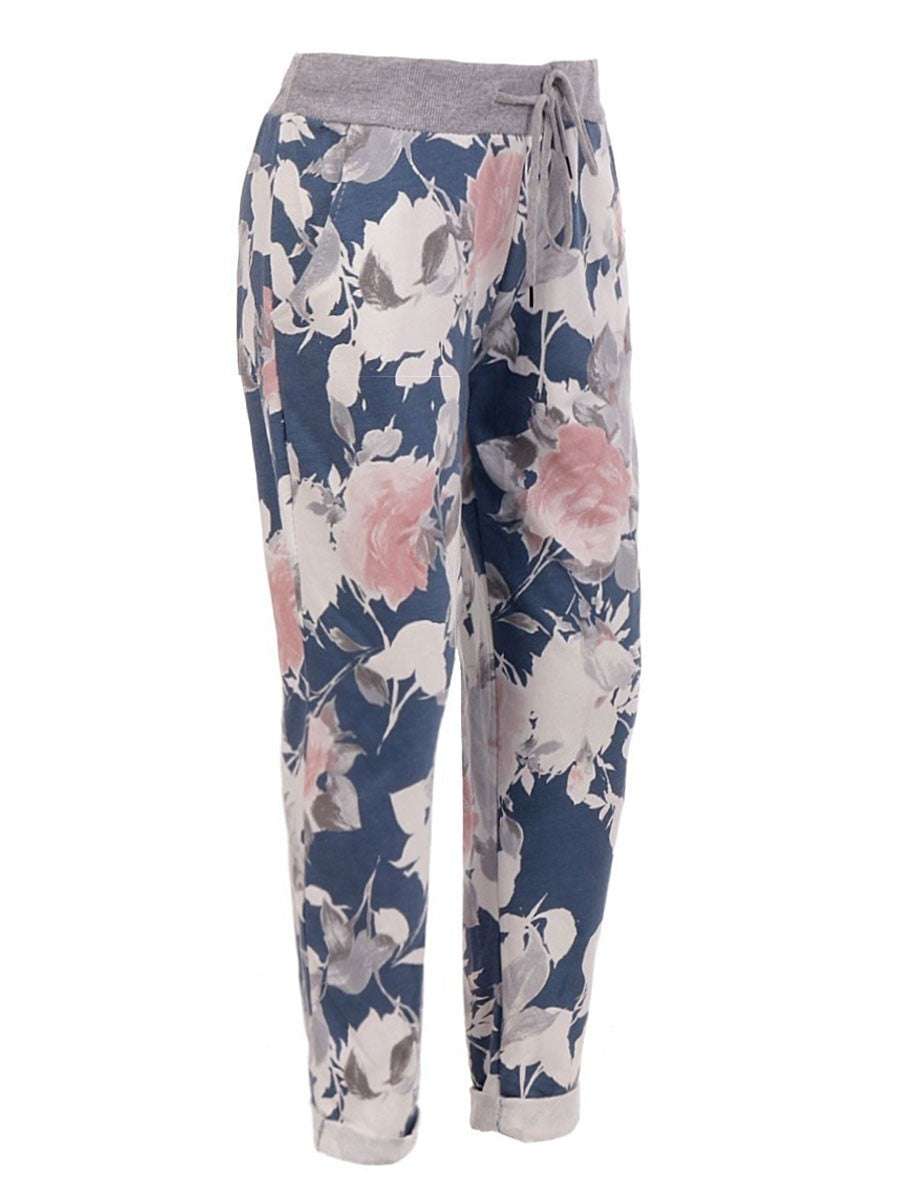 Italian Made Floral Print Cotton Trousers -  Denim