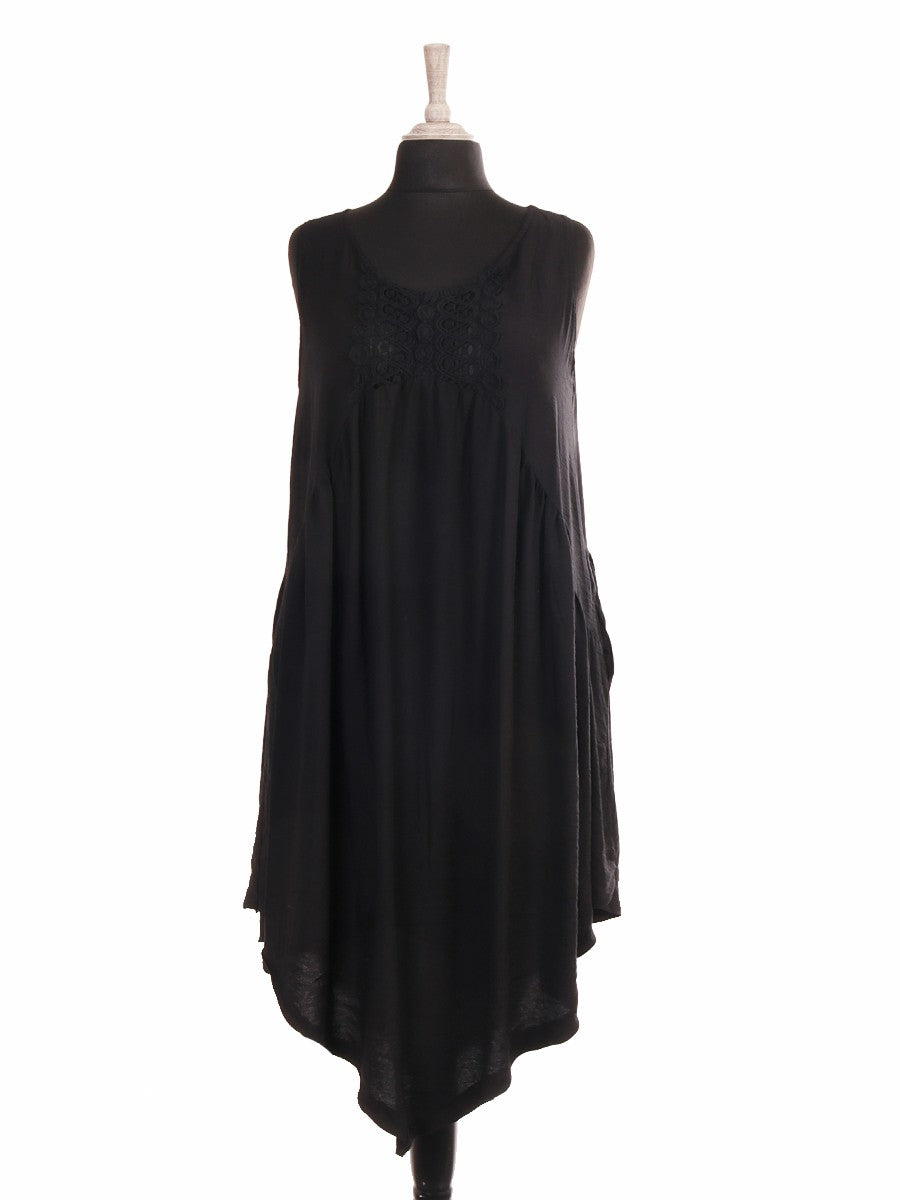Italian Crochet Detail Handkerchief Hem Dress with Pockets - Black