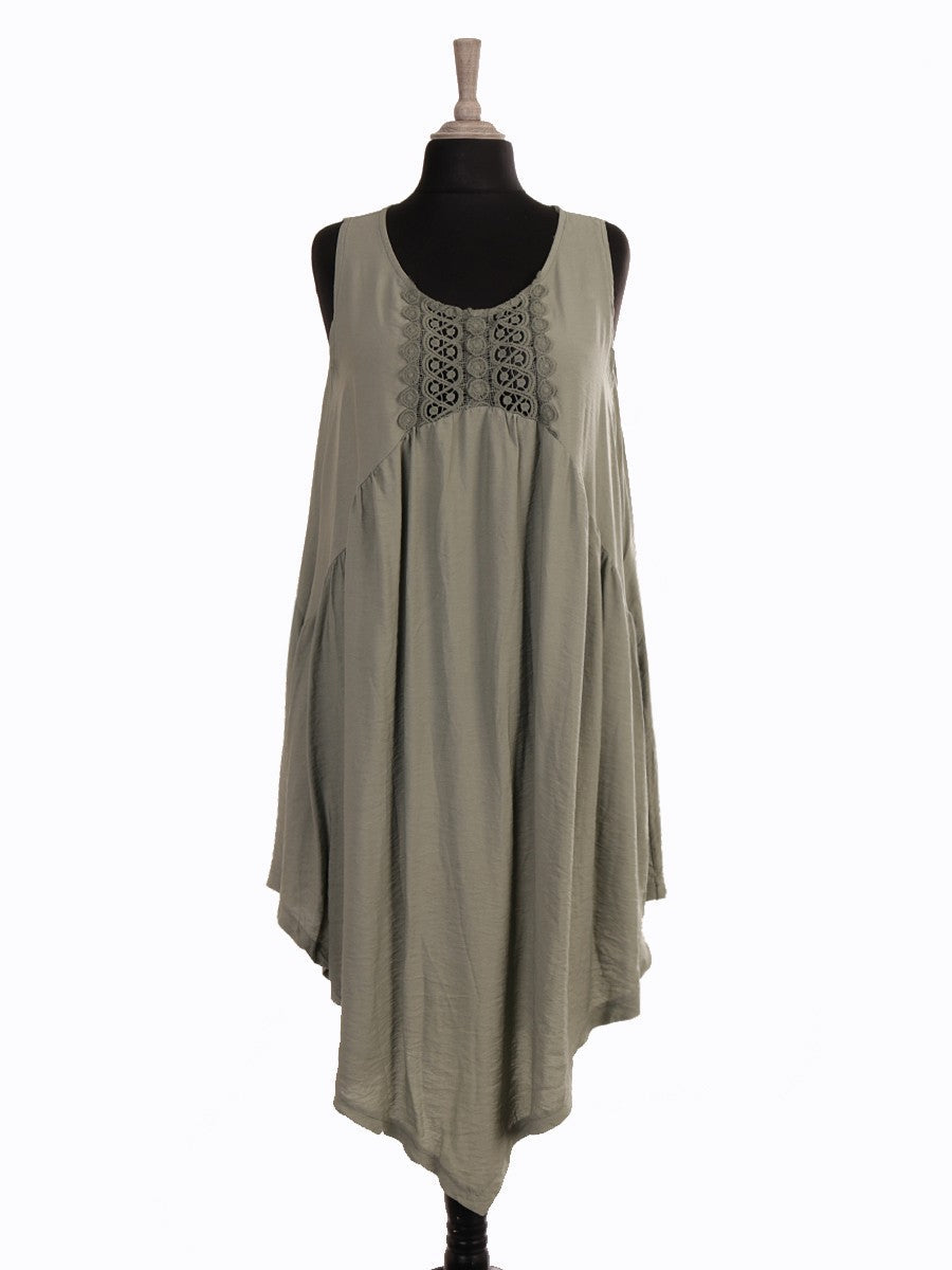 Italian Crochet Detail Handkerchief Hem Dress with Pockets - Khaki