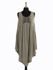 Italian Crochet Detail Handkerchief Hem Dress with Pockets - Khaki