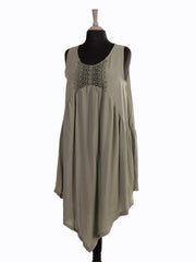 Italian Crochet Detail Handkerchief Hem Dress with Pockets - Khaki