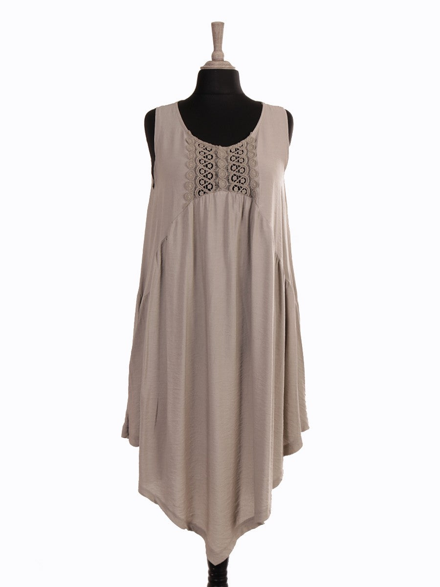 Italian Crochet Detail Handkerchief Hem Dress with Pockets - Mocha