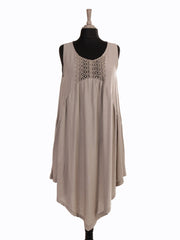 Italian Crochet Detail Handkerchief Hem Dress with Pockets - Mocha