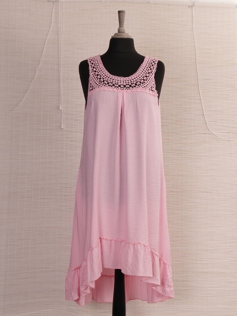 Italian Crochet Neck Frilled Hem Detail Dip Hem Dress - Baby Pink