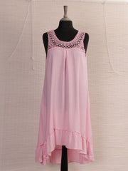 Italian Crochet Neck Frilled Hem Detail Dip Hem Dress - Baby Pink