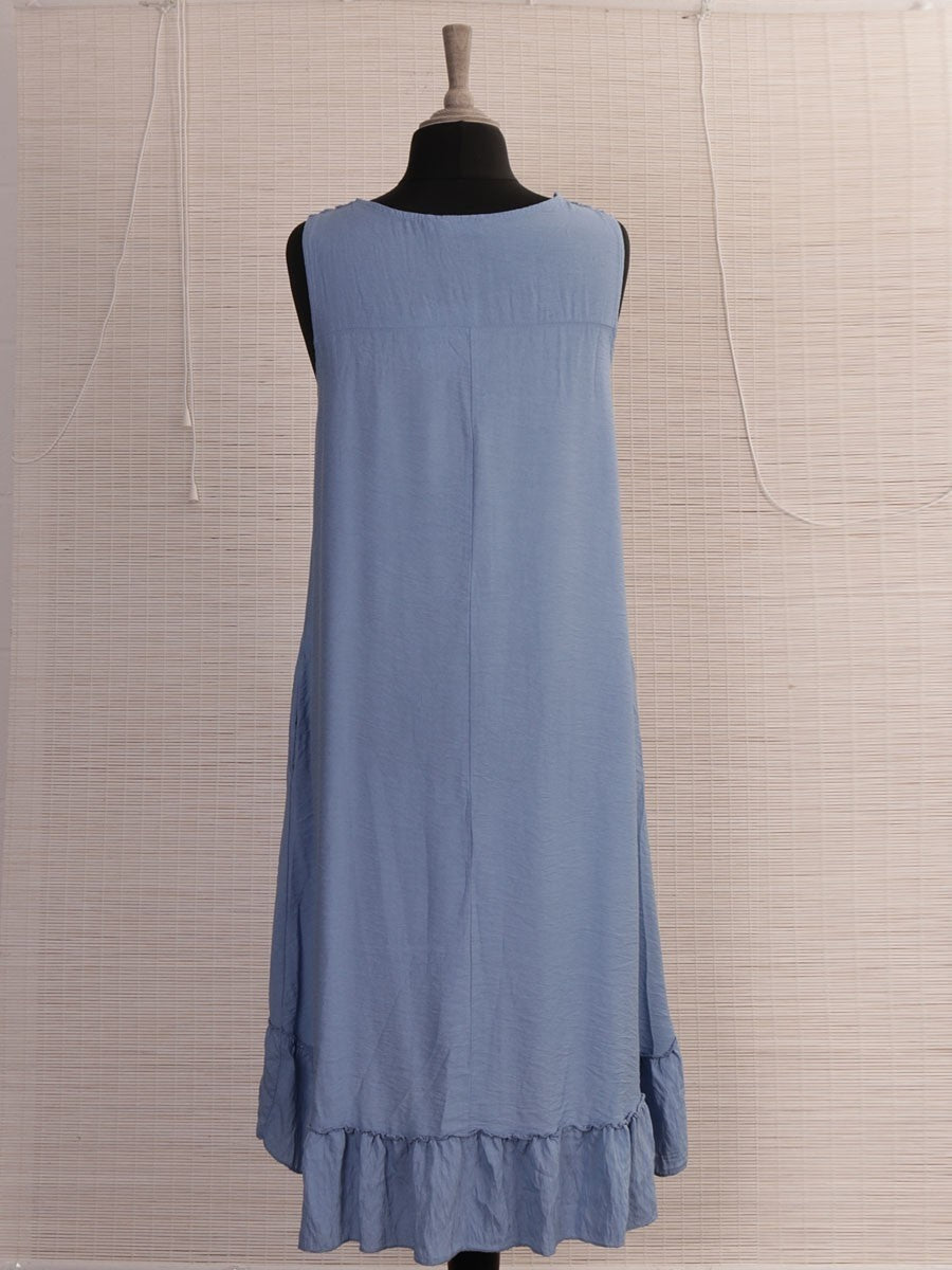 Italian Crochet Neck Frilled Hem Detail Dip Hem Dress - Denim