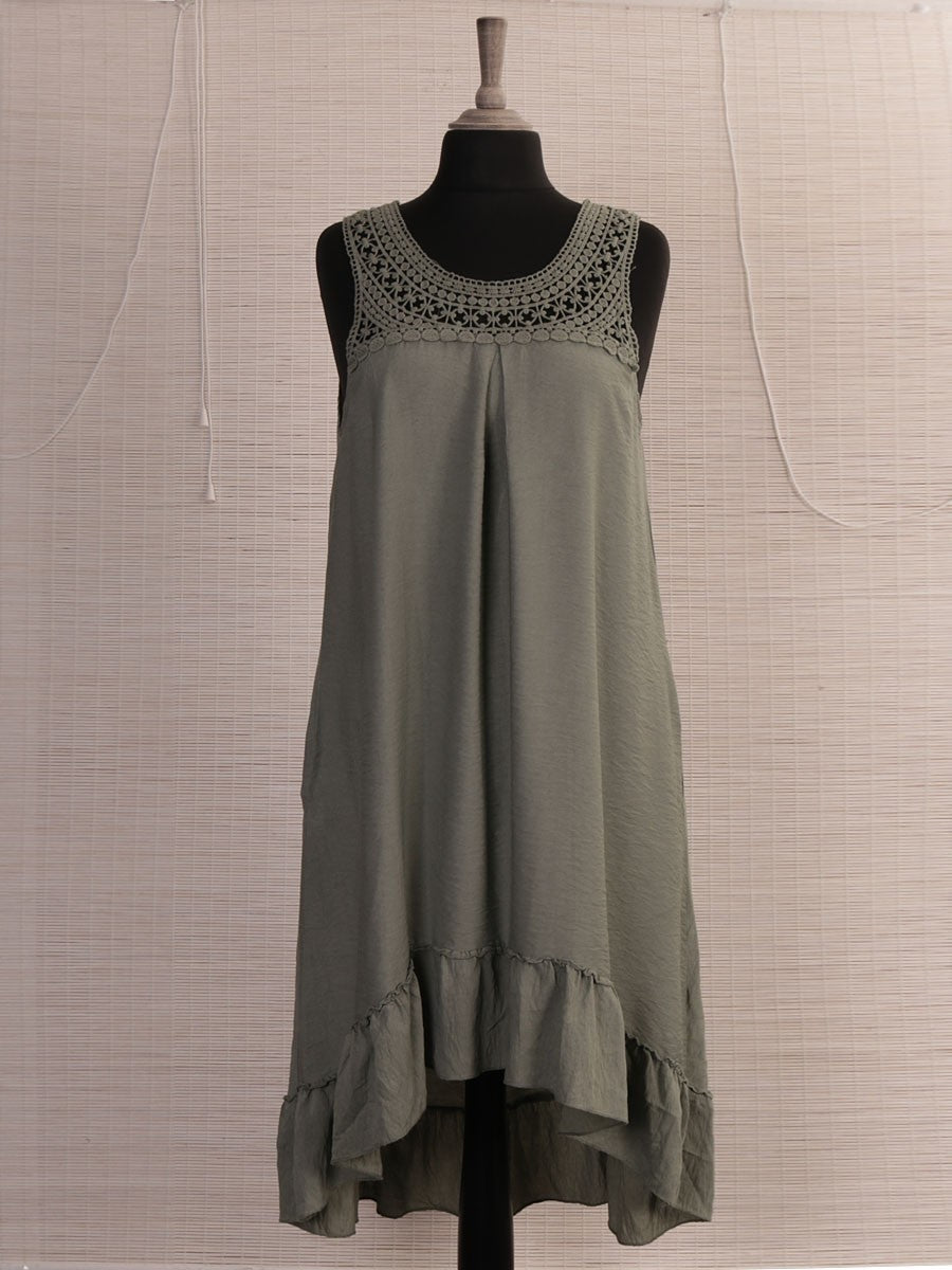 Italian Crochet Neck Frilled Hem Detail Dip Hem Dress - Khaki